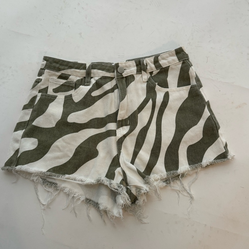 SHEIN shorts, olive green and white print, frayed bottoms, size medium, like new